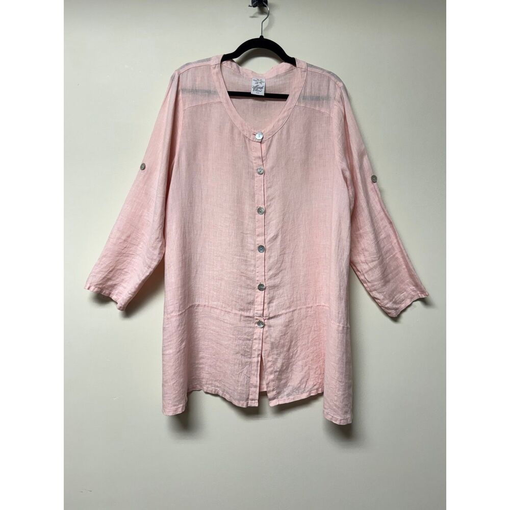 MATCH POINT 100% Linen Blush Pink Mother of Pearl Button L/S Tunic, Sz XL